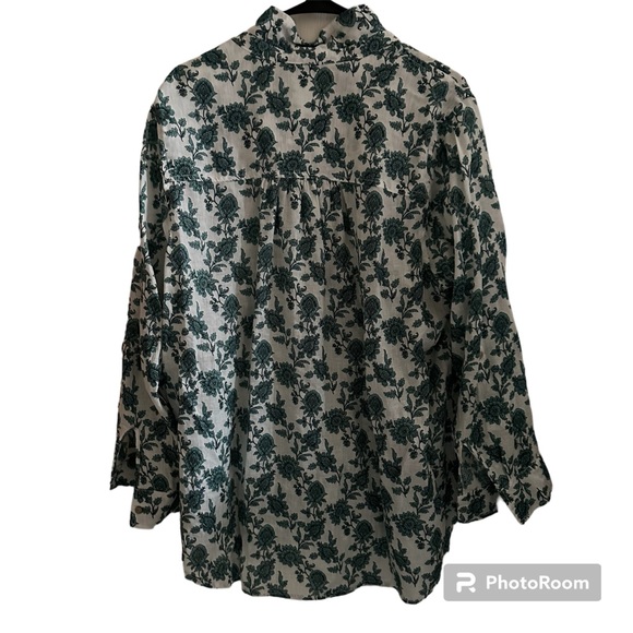 CYNTHIA ROWLEY 100% LINEN FLORAL BLOUSE WITH LONG ROLL TAB SLEEVES - Picture 3 of 11